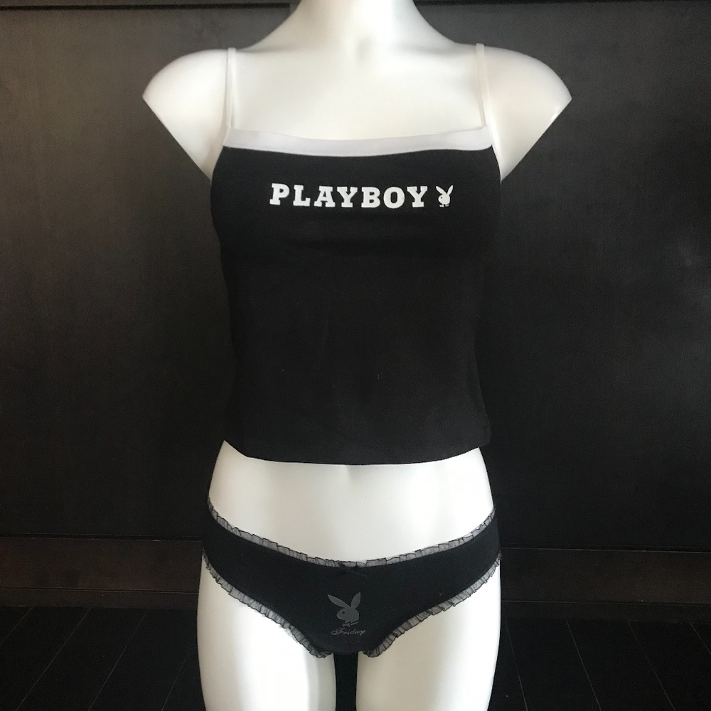 Playboy black cotton stretch logo cami lingerie top